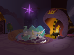 Size: 1200x900 | Tagged: safe, artist:evil-dec0y, princess celestia, comic:trixie vs., g4, bed, female, fire, fireplace, magic, night, sleeping, solo, teleportation, thud