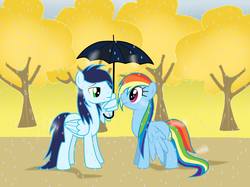 Size: 1024x765 | Tagged: safe, artist:rulette, rainbow dash, soarin', g4, alternate hairstyle, blank flank, female, male, rain, ship:soarindash, shipping, smiling, straight, umbrella, wet mane, wing hands