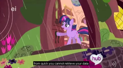 Size: 633x351 | Tagged: safe, screencap, twilight sparkle, g4, look before you sleep, my little pony: friendship is magic, female, golden oaks library, hub logo, meme, rain, solo, youtube caption