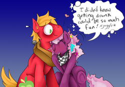 Size: 1149x800 | Tagged: safe, artist:susiebeeca, big macintosh, cheerilee, earth pony, pony, g4, 80s, 80s cheerilee, blushing, drunk, eyes closed, heart, male, messy mane, open mouth, ship:cheerimac, shipping, smiling, speech bubble, stallion, straight, sweatdrop, underhoof, wavy mouth, wide eyes, younger
