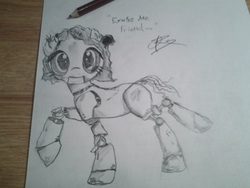 Size: 2048x1536 | Tagged: safe, artist:retrosketch, robot, anni maretronic, butt, damaged, five nights at freddy's, monochrome, plot, solo, traditional art