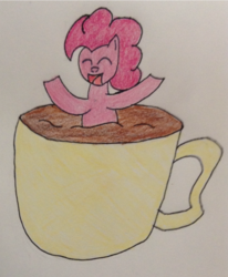 Size: 833x1011 | Tagged: safe, artist:bludgeonwarrior, pinkie pie, earth pony, pony, g4, coffee, coffee mug, cup of pony, female, micro, pencil drawing, solo, trade, traditional art