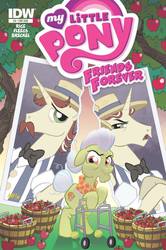 Size: 638x960 | Tagged: safe, artist:tonyfleecs, idw, flam, flim, granny smith, friends forever #9, g4, my little pony: friends forever, spoiler:comic, apple, cover, flim flam brothers, photo