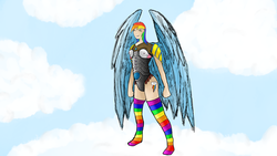 Size: 1920x1080 | Tagged: safe, artist:katsu, rainbow dash, human, g4, armor, clothes, cloud, cloudy, female, humanized, rainbow socks, socks, solo, striped socks, winged humanization, wings