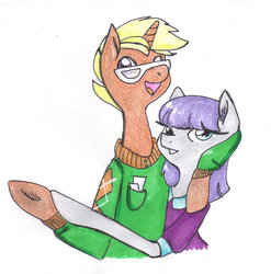 Size: 889x898 | Tagged: safe, artist:hippykat13, artist:sabokat, maud pie, trenderhoof, earth pony, anthro, g4, couple, cute, shipping, traditional art, trendermaud