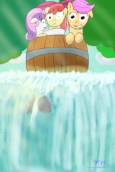 Size: 2400x3600 | Tagged: safe, artist:halflingpony, apple bloom, scootaloo, sweetie belle, g4, cutie mark crusaders, high res, this will end in tears, this will end in tears and/or death, this will end in tears and/or death and/or covered in tree sap, tree sap and pine needles, trio, waterfall, woody woodpecker