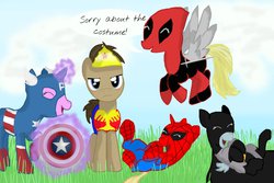 Size: 1095x730 | Tagged: safe, artist:chanceyb, amethyst star, chirpy hooves, derpy hooves, dinky hooves, doctor whooves, sparkler, time turner, earth pony, pegasus, pony, unicorn, g4, annoyed, batman, captain america, cosplay, crossdressing, deadpool, frown, hooves family, laughing, male, request, shield, speech bubble, spider-man, sword, wonder woman