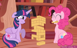 Size: 6500x4000 | Tagged: safe, artist:becauseimpink, pinkie pie, twilight sparkle, alicorn, earth pony, pony, g4, eyes closed, female, floppy ears, frown, fuck physics, grin, how, in which pinkie pie forgets how to gravity, jenga, mare, mouth hold, needs more jpeg, physics, pinkie being pinkie, pinkie physics, raised hoof, smiling, twilight sparkle (alicorn), wat, wide eyes