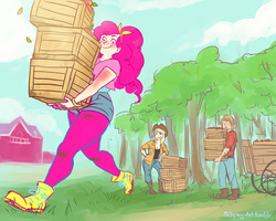 Size: 1280x1026 | Tagged: safe, artist:schpog, applejack, big macintosh, pinkie pie, human, ask human appledash, g4, carrying, crate, helping, humanized, sunburn, surprised, working