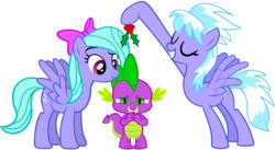 Size: 2136x1170 | Tagged: artist needed, safe, edit, vector edit, cloudchaser, flitter, spike, dragon, pegasus, pony, g4, female, holly, holly mistaken for mistletoe, love, love triangle, lucky bastard, male, mare, ship:flitterspike, ship:spikechaser, shipping, simple background, spike gets all the mares, spikelove, spread wings, transparent background, trio, wings