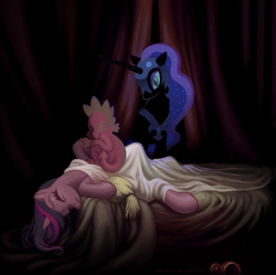 Size: 885x883 | Tagged: safe, artist:fakedog, nightmare moon, spike, twilight sparkle, alicorn, ambiguous race, dragon, pony, g4, blanket, female, fine art parody, henry fuseli, looking at someone, male, mare, sitting on person, sleep paralysis, sleeping, the nightmare, trio, watching while you sleep