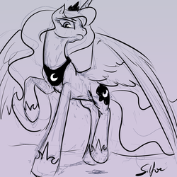 Size: 1280x1280 | Tagged: safe, artist:silfoe, princess luna, lunadoodle, g4, female, monochrome, raised hoof, sketch, solo