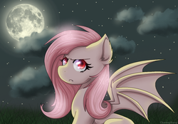 Size: 1024x713 | Tagged: safe, artist:queensmil3y, fluttershy, bat pony, g4, bat wings, cloud, female, flutterbat, frown, mare, moon, night, solo, stars, wings