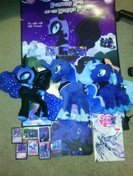 Size: 1944x2592 | Tagged: safe, artist:onlyfactory, nightmare moon, princess luna, g4, bootleg, card, collection, filly, irl, much luna, photo, plushie, poster, woona