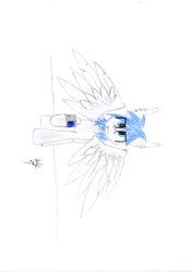 Size: 3308x4679 | Tagged: dead source, safe, oc, oc only, pegasus, pony, ear piercing, front view, piercing, pipbuck, raised hoof, simple background, solo, spread wings, traditional art, white background, wings