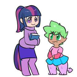 Size: 500x500 | Tagged: safe, artist:mt, oc, oc only, oc:glimmer, oc:thistle, satyr, clothes, duo, offspring, parent:spike, parent:twilight sparkle, simple background, skirt, white background