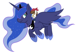 Size: 912x644 | Tagged: safe, artist:pikachumaster, pipsqueak, princess luna, alicorn, earth pony, pony, g4, colt, eyepatch, female, flying, foal, male, mare, pipsqueak riding luna, pirate, ponies riding ponies, riding, simple background, sword, transparent background, weapon
