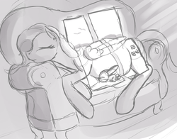 Size: 1162x912 | Tagged: safe, artist:patch, angel bunny, fluttershy, g4, belly, couch, monochrome, pregnant, sketch, sleeping