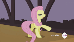 Size: 576x324 | Tagged: safe, screencap, fluttershy, pony, filli vanilli, g4, all new, butt, female, flutterbutt, gif, hub logo, hubble, lidded eyes, looking at you, mare, non-animated gif, plot, solo, the hub