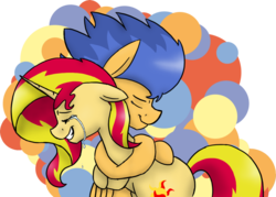 Size: 1024x732 | Tagged: safe, artist:lrusu, flash sentry, sunset shimmer, pegasus, pony, unicorn, g4, couple, crying, female, hug, male, ship:flashimmer, shipping, straight