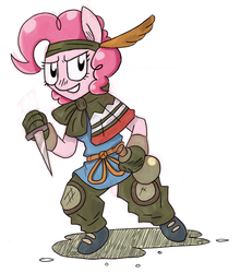 Size: 1256x1430 | Tagged: safe, artist:omegaozone, pinkie pie, earth pony, anthro, g4, clothes, dungeons and dragons, fantasy class, female, rogue, solo, weapon