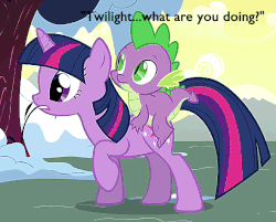 Size: 589x473 | Tagged: safe, edit, edited screencap, screencap, spike, twilight sparkle, dragon, pony, unicorn, g4, winter wrap up, animated, dragons riding ponies, duo, female, gif, male, mare, riding, spike riding twilight, stomping, text, unicorn twilight