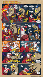 Size: 1248x2230 | Tagged: safe, artist:sorcerushorserus, discord, oc, oc:red sorena, griffon, g4, comic, deal with the devil, red sonja