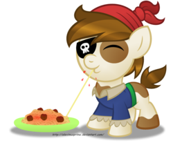 Size: 1024x860 | Tagged: safe, artist:aleximusprime, pipsqueak, earth pony, g4, clothes, colt, costume, eating, eyepatch, foal, food, male, meatball, pipsqueak eating spaghetti, pirate costume, simple background, solo, spaghetti, transparent background