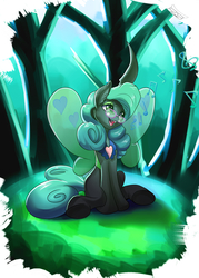 Size: 4900x6825 | Tagged: safe, artist:f-nar, queen chrysalis, changeling, changeling queen, g4, absurd resolution, cute, cutealis, female, glasses, happy, mirror universe, music notes, open mouth, reversalis, singing, sitting, smiling, solo, underhoof