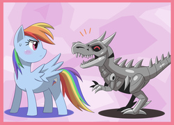 Size: 1180x850 | Tagged: safe, artist:wa mada sukaru, rainbow dash, g4, annoyed, blushing, crossover, cute, dinobot, grimlock, pixiv, sweatdrop, transformers, transformers age of extinction