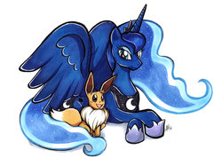 Size: 1280x911 | Tagged: safe, artist:smudgeandfrank, princess luna, eevee, g4, :3, bedroom eyes, crossover, cute, open mouth, pokémon, prone, smiling, spread wings, traditional art
