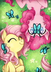 Size: 526x744 | Tagged: safe, artist:tsurime, fluttershy, pinkie pie, butterfly, g4, butterfly on nose, female, from above, grass, high angle, insect on nose, lesbian, on back, ship:flutterpie, shipping, smiling