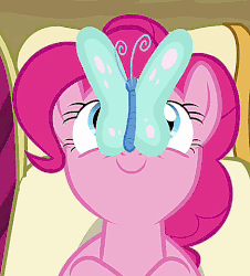 Size: 434x480 | Tagged: safe, screencap, pinkie pie, butterfly, earth pony, pony, g4, season 3, too many pinkie pies, animated, butterfly on nose, c:, cute, diapinkes, eyes on the prize, female, gif, insect on nose, mare, on back, smiling, solo