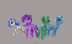 Size: 1920x1200 | Tagged: safe, artist:darkdoomer, lyra heartstrings, rarity, trixie, twilight sparkle, pony, unicorn, g4, blank flank, unicorn master race