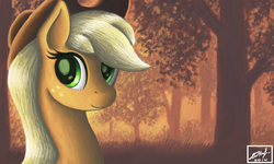 Size: 854x512 | Tagged: safe, artist:dreamyskies, applejack, earth pony, pony, g4, bust, complex background, evening, female, forest, looking at you, mare, portrait, scenery, smiling, solo
