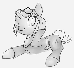 Size: 339x315 | Tagged: artist needed, safe, rarity, g4, alternate hairstyle, aviator hat, belt, clothes, female, flying leathers, goggles, hat, helmet, leather, monochrome, scarf, solo