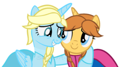 Size: 1278x678 | Tagged: safe, artist:skyheart-bases, anna, duo, elsa, frozen (movie), hug, ponified, simple background, transparent background