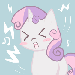 Size: 800x800 | Tagged: safe, artist:shouyu musume, sweetie belle, pony, unicorn, g4, ><, blank flank, blush sticker, blushing, cute, diasweetes, eyes closed, female, filly, open mouth, pixiv, singing, solo