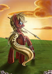 Size: 2480x3508 | Tagged: safe, artist:keeperofthebjokstone, oc, oc only, earth pony, pony, female, high res, lens flare, looking at you, looking back, looking back at you, mare, shield, solo, spear