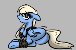 Size: 2551x1696 | Tagged: safe, alternate version, artist:jetwave, oc, oc only, oc:tailwind, pegasus, pony, fallout equestria, fallout equestria: frozen skies, :o, bedroom eyes, bondage, bound wings, butt, explicit source, female, floppy ears, looking at you, looking back, plot, prone, rope, solo, underhoof