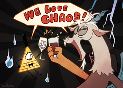 Size: 700x500 | Tagged: safe, artist:raichi, discord, bill cipher, chocolate, chocolate milk, crossover, dreamscaperers, eyes closed, glass, gravity falls, milk, teeth, toasting, wine glass, xk-class end-of-the-world scenario