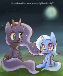 Size: 1500x1800 | Tagged: safe, artist:joycall6, princess luna, trixie, g4, blushing, duo, english, full body, looking at each other, looking at someone, night, night sky, no pupils, question, side view, sitting, sky, wingless