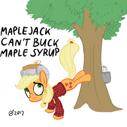 Size: 1000x1000 | Tagged: safe, artist:elslowmo, applejack, earth pony, pony, g4, bucking, canada, clothes, female, hat, maple syrup, mare, pun, shirt, simple background, tree, ushanka, white background