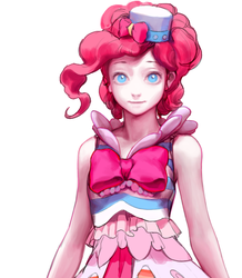 Size: 581x665 | Tagged: safe, artist:hasbrony, pinkie pie, human, g4, clothes, dress, female, gala dress, hat, humanized, looking at you, smiling, solo
