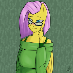 Size: 2000x2000 | Tagged: safe, artist:darkjazmin11, fluttershy, anthro, g4, clothes, female, glasses, high res, solo, sweatershy