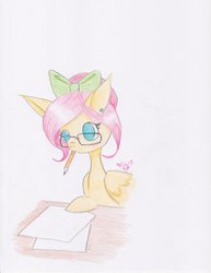 Size: 786x1017 | Tagged: safe, artist:mightymarvo, fluttershy, g4, alternate hairstyle, female, glasses, ponytail, solo, traditional art