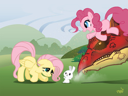 Size: 900x675 | Tagged: safe, artist:phn, angel bunny, fluttershy, pinkie pie, dragon, earth pony, pegasus, pony, rabbit, g4, animal, female, floppy ears, group, male, mare, quartet, sparks, this will end in tears and/or death