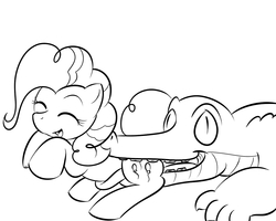 Size: 1000x800 | Tagged: safe, artist:kloudmutt, gummy, pinkie pie, alligator, earth pony, pony, g4, female, fetish, mare, monochrome, nom, pinkie prey, tongue out, vore