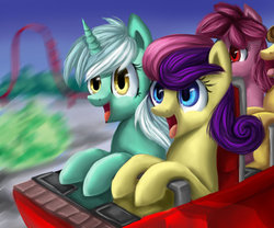 Size: 1024x853 | Tagged: safe, artist:aschenstern, bon bon, lyra heartstrings, sweetie drops, g4, roller coaster