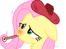Size: 2048x1536 | Tagged: safe, artist:proponypal, fluttershy, g4, backwards thermometer, bust, chest fluff, female, floppy ears, flu, ice pack, messy mane, portrait, red nosed, scrunchy face, sick, simple background, solo, thermometer, transparent background